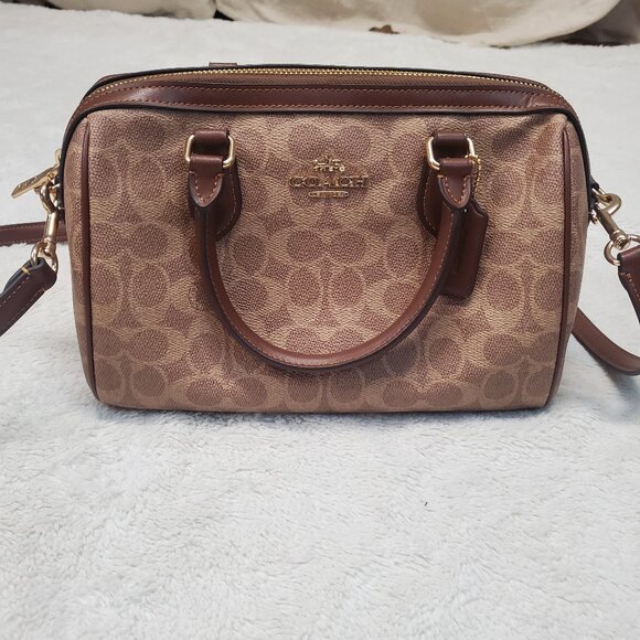 Coach Rowan Satchel Brown Cream Tan Classic Logo Canvas Shoulder Bag CV961 - Picture 1 of 14